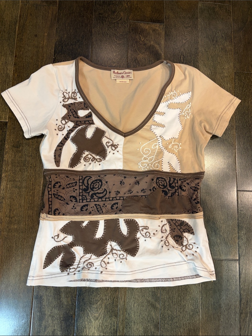 Marlboro Classic Brown & Cream Patchwork V-Neck Women’s Top